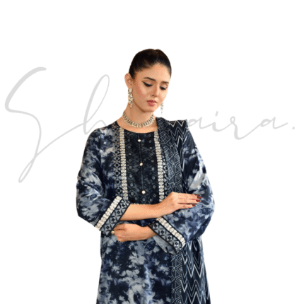 Ziya — Navy Blue Linen 3-Piece Printed Suit